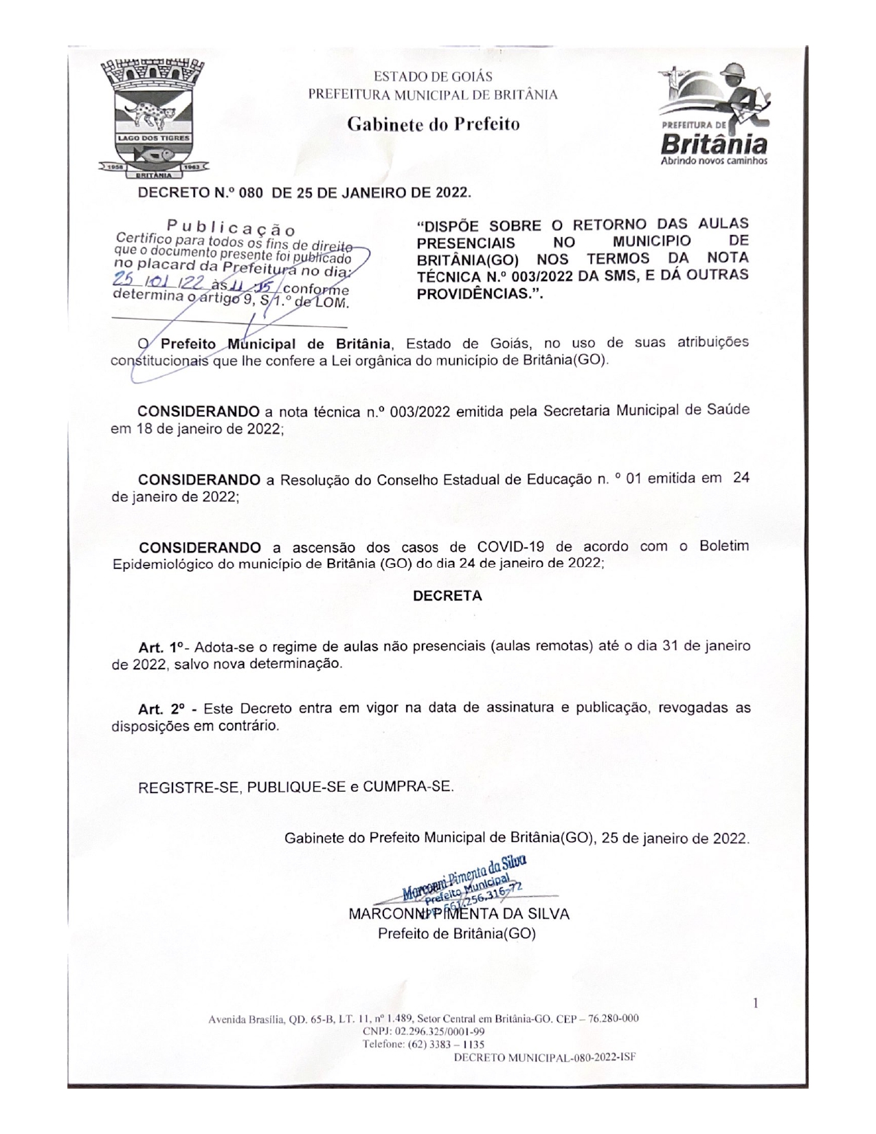 DECRETO Nº 080,  SOBRE O RETORNO DAS AULAS PRESENCIAIS (25/01/2022)