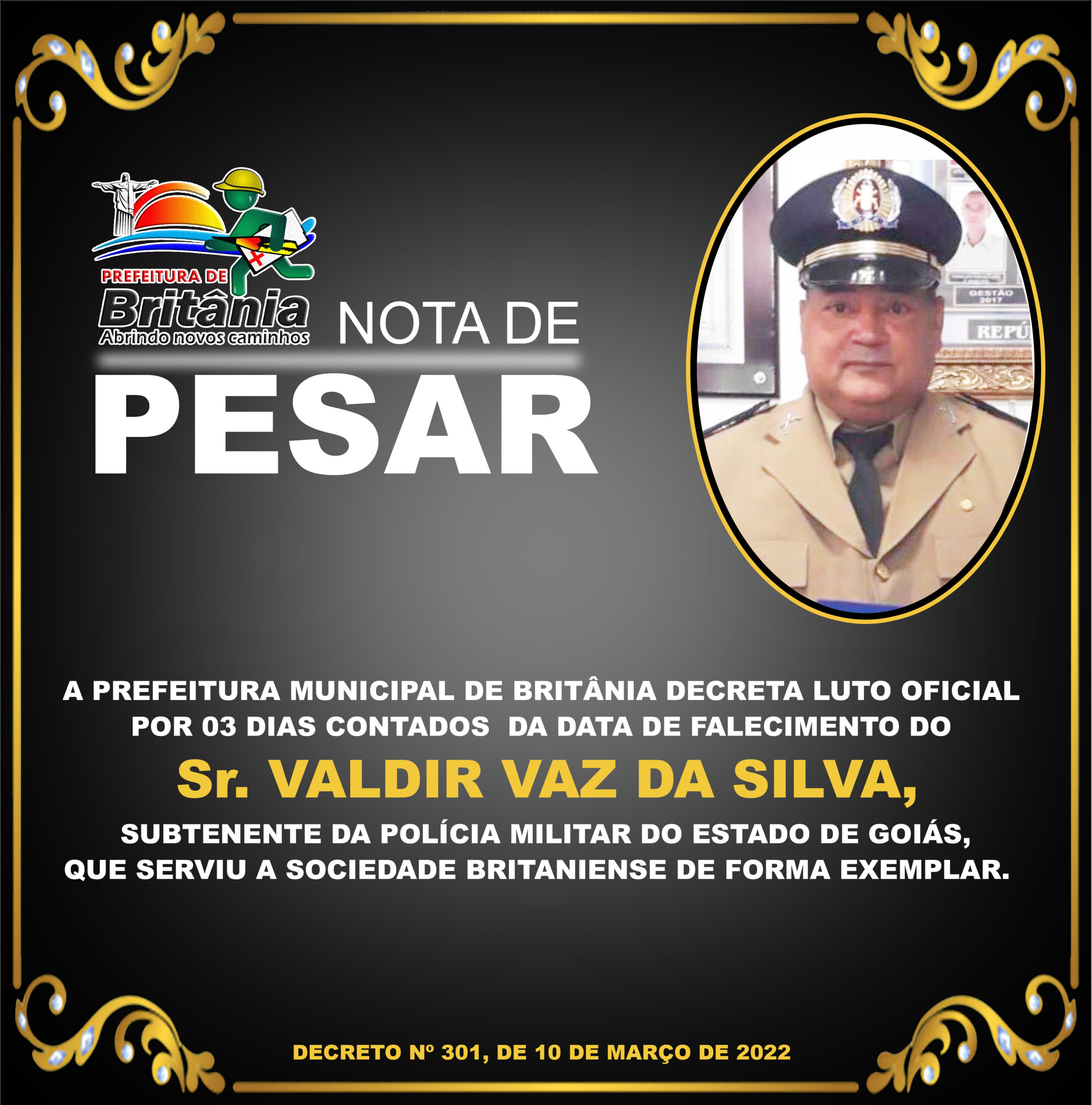 DECRETO Nº 301, DE 10 DE MARÇO DE 2022 – LUTO OFICIAL NO MUNICÍPIO: