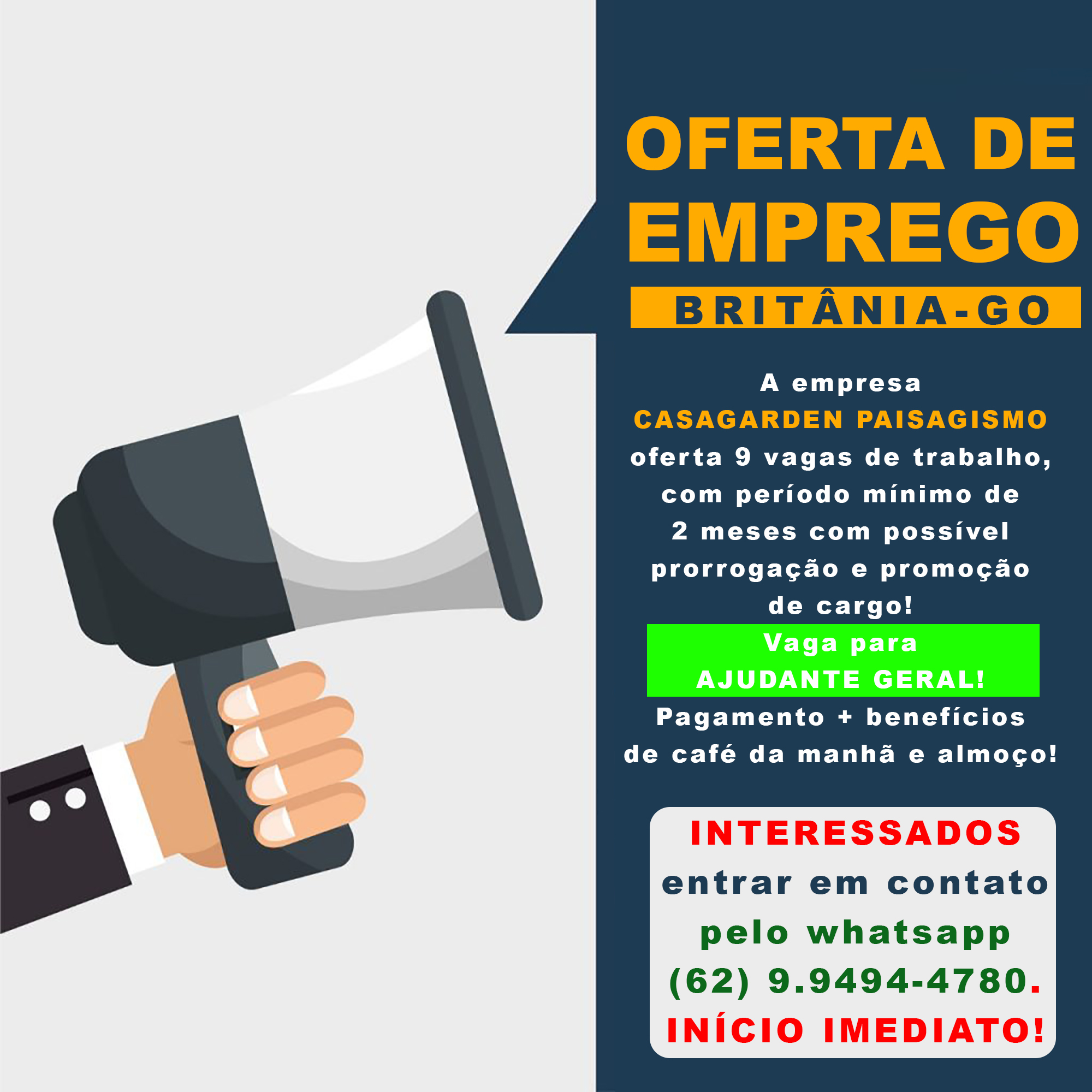 OFERTA DE EMPREGO EM BRITÂNIA-GO: